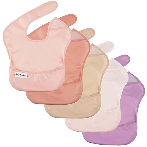 Tiny Twinkle Mess-Proof Baby Bibs for Eating | Waterproof, Wipeable Toddler Bibs with Catch-All Pocket | Feeding Bibs for Girls & Boys(5 Pack, Girl Spring)