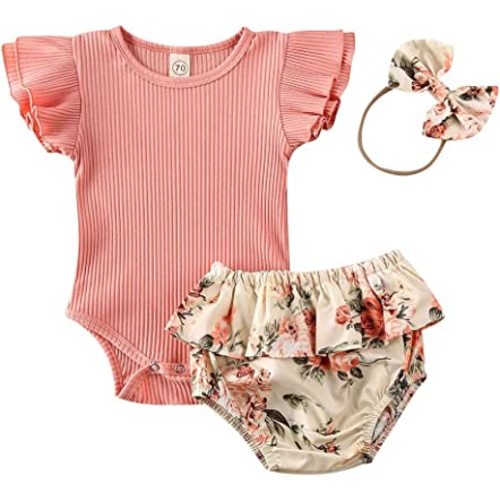 CIYCUIT Newborn Baby Girl Summer Clothes 0 3 6 9 12 18 Months Outfits Romper + Shorts + Headband Set