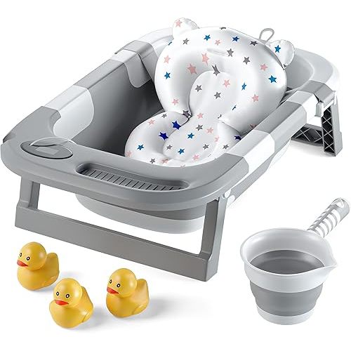 Collapsible Bathtub Baby for Infants & Newborns w/Thermometer, Drain Plug with Heat Sensor & Scoop – Compact Travel Baby Bath Space-Saving Bath for Travel, Shower & Small Bathrooms