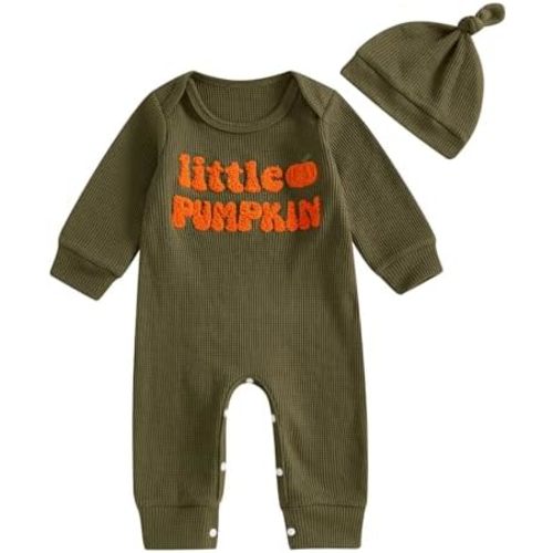 Karuedoo Newborn Baby Boy Halloween Outfit Little Pumpkin Embroidered Waffle Knit Romper Jumpsuit with Hat Coming Home Outfit