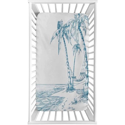 Beach Fitted Crib Sheet,Modern Illustration of a Tropical Beach with Palm Trees and Hammock Hawaiian Relax Microfiber Silky Soft Toddler Mattress Sheet Fitted,28"x 52"x 8'',Baby Sheet for Boys Girls