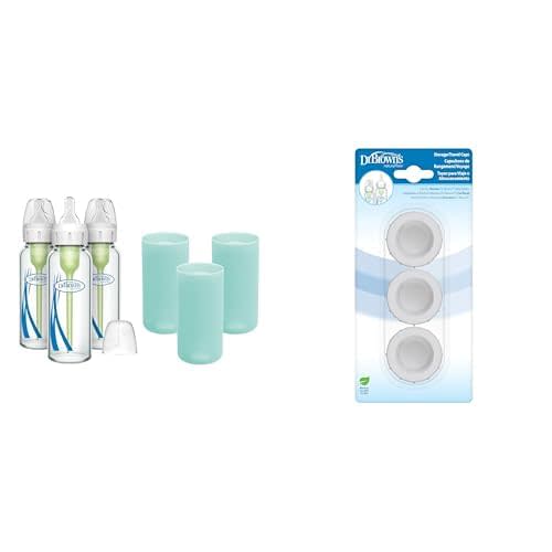 Dr. Brown's Natural Flow Anti-Colic Options+ Narrow Glass Baby Bottles 8oz & Level 1 Slow Flow Nipple, 3-Pack 0m+ & Mint Silicone Sleeves & Storage/Travel Caps, BPA-Free, 3-Pack