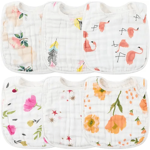 Zainpe 6Pcs Snap Muslin Cotton Bibs for Baby, Flamingo Star Flower Machine Washable Adjustable Burp Cloths with 6 Absorbent Soft Layers for Infant Newborn Toddler Drooling Feeding and Teething