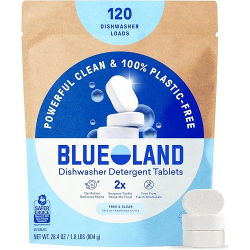 BLUELAND 100% Plastic-Free Dishwasher Detergent Tablets, 60 Count, Free & Clear, Eco-Friendly Dishwashing Pods, Natural, USDA Certified biobased