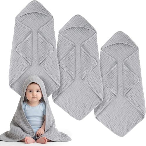 3 Pcs Hooded Baby Towels, 32 x 32 Inch 100% Muslin Cotton Newborn Bath Towel Absorbent Blankets Bath Essentials Registry Gift for Newborn, Infant Baby, Toddlers (Light Gray)