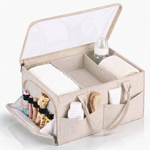 Aliceset Large Baby Diaper Caddy Organizer with Dust Cover Oatmeal Felt Nursery Storage Basket with Adjustable Compartments Waterproof Interior Multiple Pockets Gift