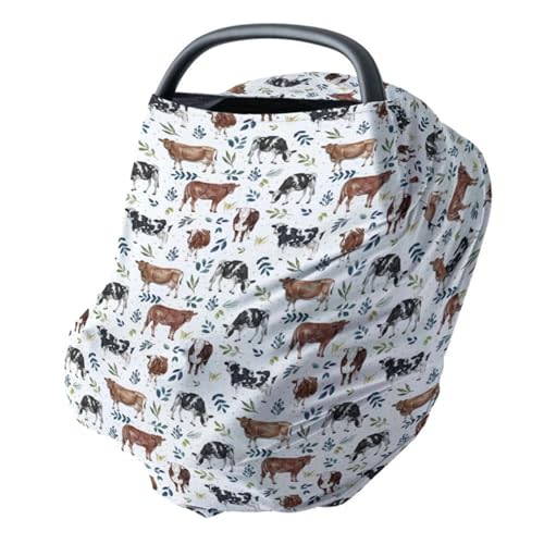 HawSkgFub Dairy Leaf Cow 5-in-1 Car Seat Cover for Baby Boy Girl Gift, Western Farm Animal Privacy Breastfeeding Nursing Cover, Newborn Infant Multi-use Carseat Canopy Carrier