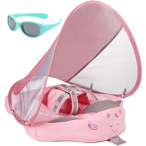 Mambobaby Float with Canopy and Tail New Upgraded Non-Inflatable Baby Pool Float Mambo Float Swim Trainer Solid Infant Swim Float Adjustable Pearl Foam Baby Swim Ring
