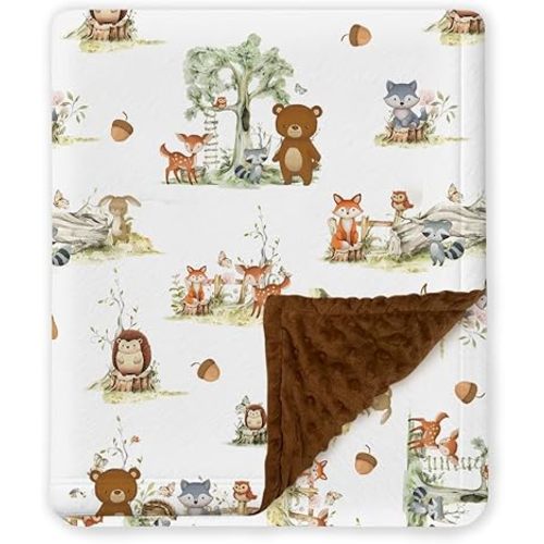 Woodland Animals Baby Blankets, Minky Blanket for Boys Girl with Double Layer Dotted Backing for Infant Toddler, 30x40 inches Soft Warm Nursery Bed Blanket Crib (02)