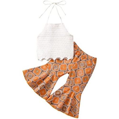 Summer Baby Girl Clothes Bell Bottoms Outfit Flower Print Halter Neck Tie-up Backless Top Flared Pants Headbands