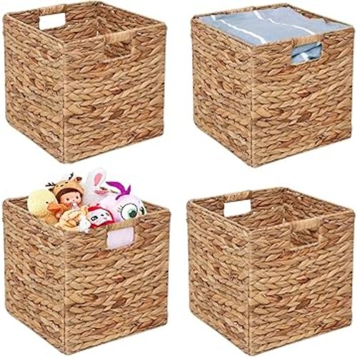 Storage Baskets 11x11inch Cube Baskets 4 pcs Baskets,Foldable Handwoven Water Hyacinth Laundry Organizer,Cube Storage Baskets