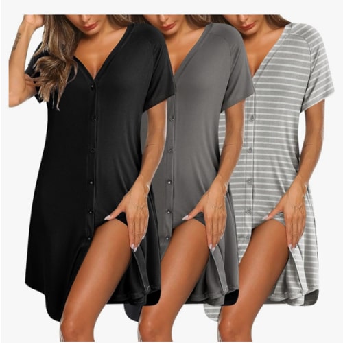 Ekouaer 3 Pack Women's Nightshirt Button Down Nightgown Short Sleeve Sleepshirt V Neck Pajama Dress with Pockets
