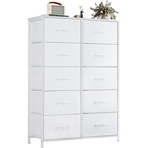 Dresser for Bedroom with 10 Drawers, Anti-Tip Tall Fabric Chests Storage Organizer Tower Furniture with Wooden Top Metal Frame for Clothes, Closet, Living Room, Hallway, Entryway
