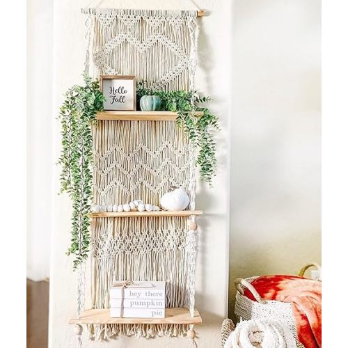 SnugLife Macrame Wall Hanging Shelf - 3 Tier Wall Plant Hanger Shelves with Handmade Woven Rope - Boho Shelves Organizer for Kitchen, Bathroom, Home Storage, Floating Plant Shelf (Pine Wood)