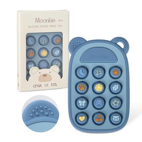 Moonkie Silicone Press Phone Teething Toy for Baby 3 Months+ | Soft BPA-Free Teether with Icon & Number Pop Bubbles | Ideal Gift for Baby Boys