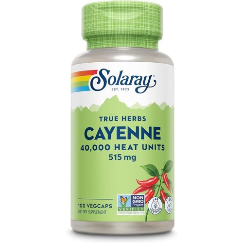 SOLARAY Cayenne Pepper 515 mg | 40,000 Heat Unit | Healthy Digestion, Circulation, Metabolism & Cardiovascular Support | Non-GMO | 100 VegCaps