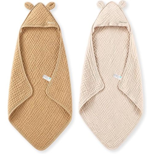 Momcozy Baby Towels, 6-Layer 100% Cotton Muslin Hooded Baby Towel Set for Newborn, Infant & Toddler, Soft Absorbent Baby Bath Essentials, Large 32 x 32 Inch