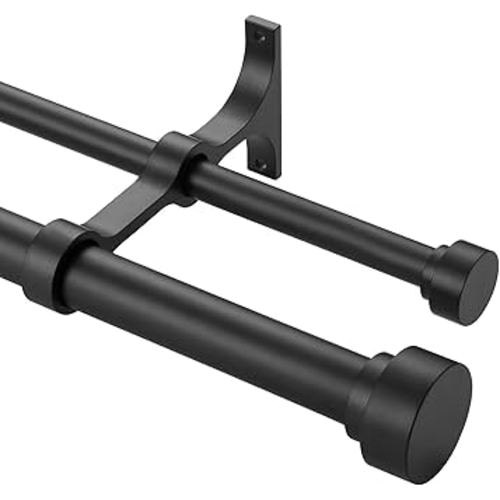 Heavy Duty Double Curtain Rods with Cylindrical Cap Finials 72 to 144” Telescoping Rod 1 Inch Diameter Front Rod and 5/8 Inch Diameter Back Rod Window Drapery Rods, Matte Black