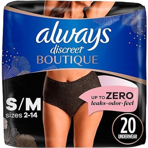 Always Discreet Boutique Incontinence and Postpartum Underwear for Women, Maximum Protection, S/M, Black, 20 Count (Packaging May Vary)