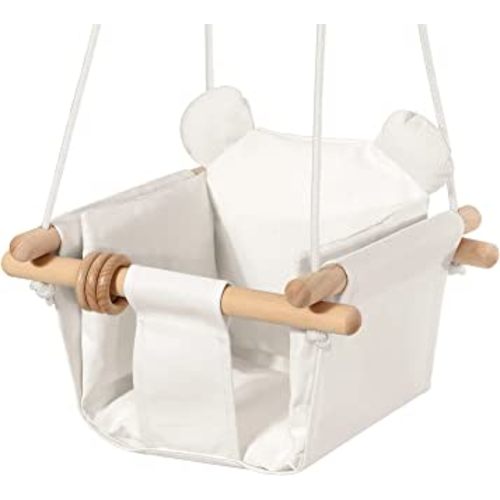 Secure Canvas and Wooden Baby Hanging Swing Seat Chair Indoor and Outdoor Hammock Backyard Outside Swing Kids Toys Swings 6-36 Months with Ear Décor Cushion and Natural Wooden Ring, Beige