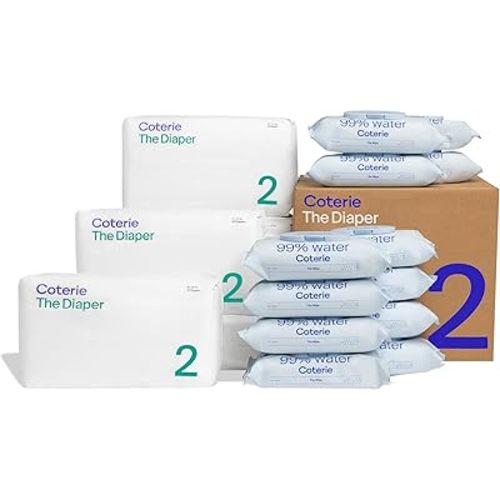 Coterie Baby Diapers + Wipes Baby Kit, Size 2 (186 Count) + 12 Wipe Packs (672 Wipes) Made with Plant-Based Fibers, Hypoallergenic, Designed for Sensitive Skin, Clean Ingredients