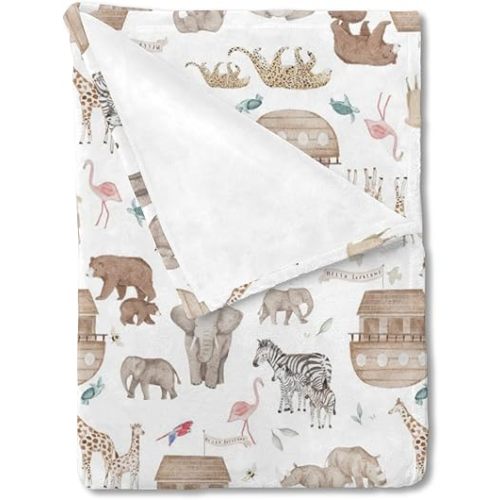 HawSkgFub Noah’s Ark Animal Boat Religious Baby Blanket Boy Girl Gift, Neutral Elephant Bear Giraffe Rhino Ship Flannel Fleece Nursery Bed Blankets, Soft Newborn Infant Toddler Kids Crib Bedding 30x40