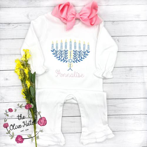 Menorah Romper / Girl Monogram Romper / Hanukkah Outfit / Monogrammed Ruffle Romper / Personalized Baby Shower Gift / Chanukah Romper