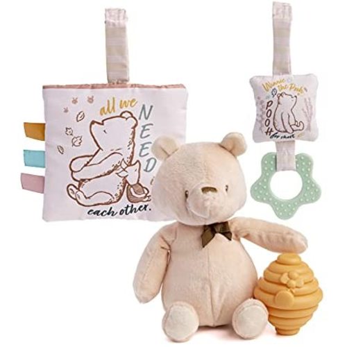 KIDS PREFERRED Classic Pooh 4 Piece Set with Pooh Stuffed Animal, Squeaker Toy, Crinkle Square, and Teether