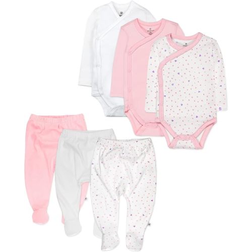 HonestBaby 6-Pack Organic Cotton Long Sleeve Side-Snap Kimono Bodysuits and Footed Pant, Love Dot, 0-3 Months