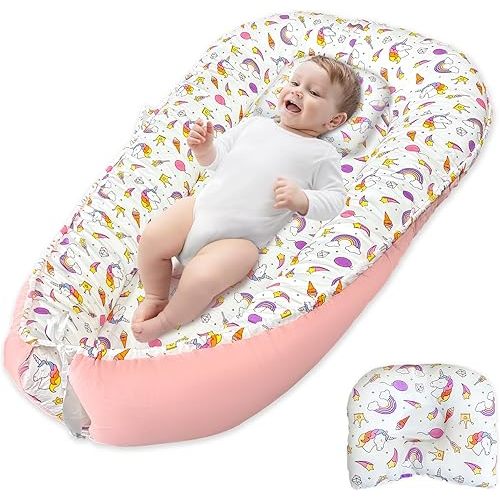 JIFTOK Baby Nests Lounger for Newborn, Snuggle Sleeping Bassinet for 0-24M, Breathable Portable Co Sleeping Bed, Baby Essentials Adjustable Infant Soft Cotton Loungers for Home & Travel -Unicorn