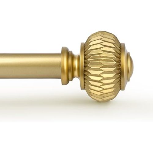 KNOBWELL Window Treatment Single Curtain Rod Set Brass, 1 Inch Diameter Adjustable Length from 22-42 Inch, Lantern Ball Finials (22" to 42", Golden)