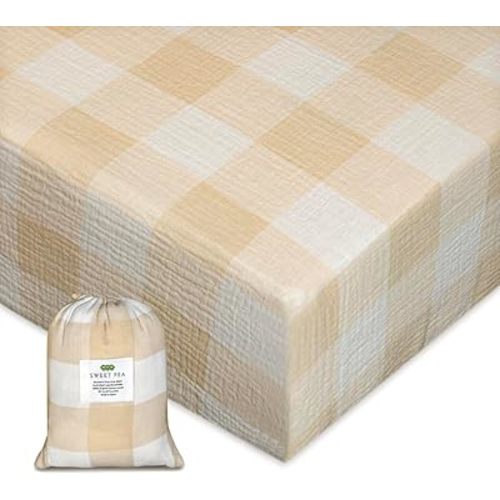 Organic Crib Sheets for Boys, Girls - Muslin Fitted Crib Sheet, Neutral Crib Sheet, Cotton Crib Sheets for Standard Crib Mattress & Toddler Bed Mattress (51"x27") (Gingham Beige)