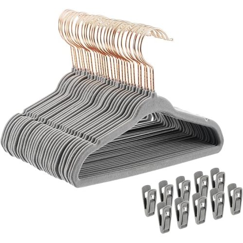 Velvet Baby Hangers 30 Pack - 11 Inch Non-Slip Kids Hanger for Newborn Clothes - Small Toddler Child Hangers Durable for Every Use - 10 Hanger Clips Included, Gray