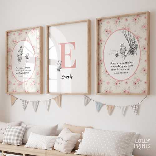 Custom Name Vintage Classic Winnie-The-Pooh Wall Art Set of 3, Winnie-The-Pooh Personalized Nursery Wall Decor, Winnie-The-Pooh Quotes
