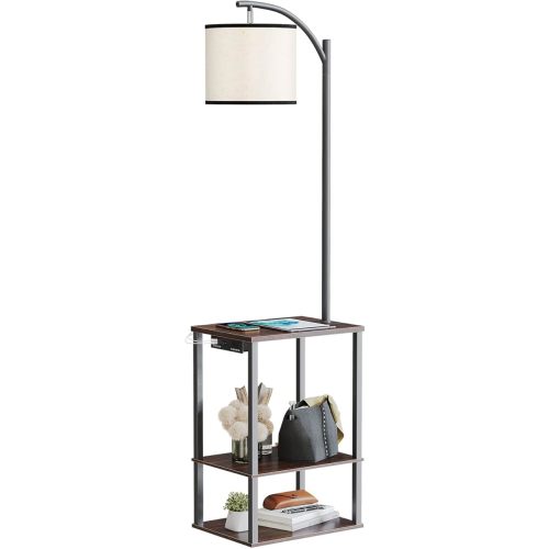 SUNMORY Floor Lamp with Charging Station(USB & AC Port), Rustic End Table Lamp with Shelves & 3-Color Temperature LED Bulb, Lamp Table for Living Room, Walnut