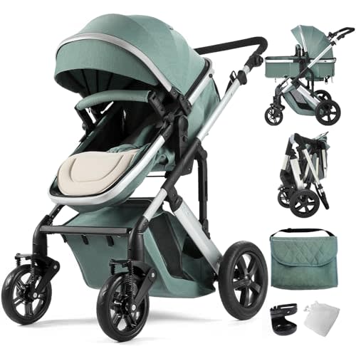 2-in-1 Convertible Baby Stroller with Bassinet Mode, Bassinet Stroller with Reversible Seat, Folding Infant Stroller with Adjustable Backrest & Awning, Toddler Pushchair for 0-36 Months, Green