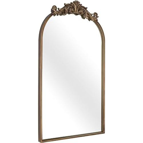 Gold Antique Mirror for Wall, 19x30 Inch Large Brass Arched Mirror Decorative Vintage Bathroom Mirrors, Ornate Entryway Baroque Mirror, Metal Frame, Hangs Vertically or Leaning