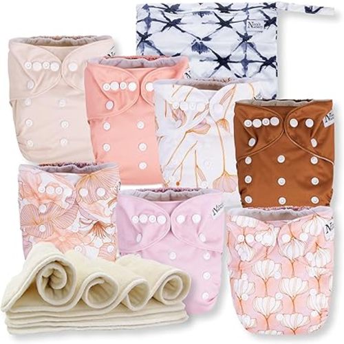 Nora's Nursery Cloth Diapers 7 Pack with 7 Inserts & 1 Wet Bag - Waterproof Cover, Washable, Reusable & One Size Adjustable Pocket Diapers for Newborns and Toddlers - Magnolia