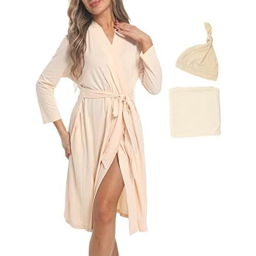 SUFEINI Maternity Mommy Robes with Matching Swaddle Blanket Set, Maternity Mommy Postpartum Bathrobe Sleepwear