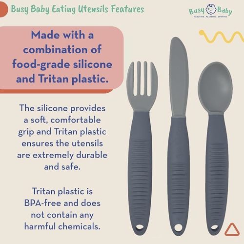 BUSY BABY Eating Utensils for Babies & Toddlers | Fork, Spoon, & Knife | Food-Grade Silicone & Tritan Plastic | Dishwasher Safe, BPA Free (Pewter)