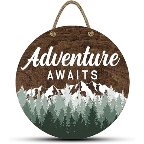 Adventure Awaits Hanging Wall Sign, 12" Wood Round, Green Trees Brown Background, Rustic Home Decor, Woodland Baby Shower Decorations,Hickory Hollow Designs (Adventure Awaits (Dark Walnut))