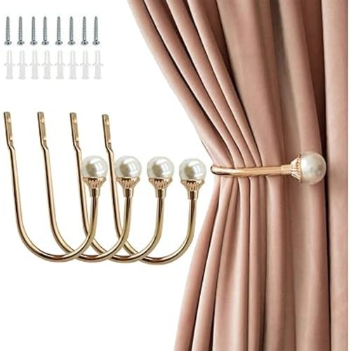 Coolnice 4 Pack Curtain Holdbacks Wall Mounted Curtain Tiebacks Hooks Plastic Pearl U Shape Curtain Tiebacks with Screws Curtain Ties for Home Office-Gold