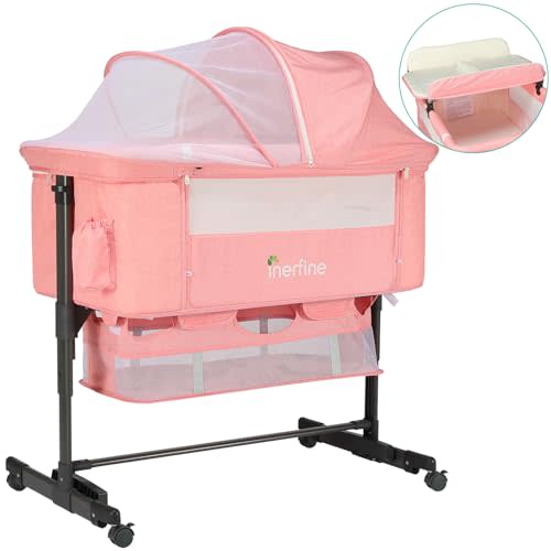 4 in 1 Baby Bassinet, Bedside Bassinet with Wheels, Aluminum Alloy Frame Baby Crib with Changing Station, Mattress, Canopy and Storage Basket, 5 Adjustable Heights, Pink Bassinet for Newborn Baby