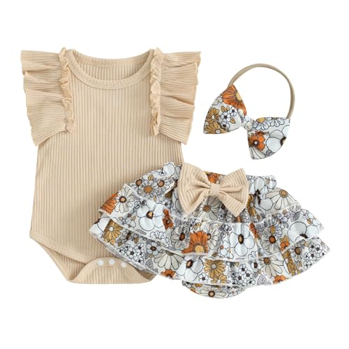 PUHHAPIEY Baby Girl Clothes Summer Infant Floral Outfit Ruffle Sleeve Knitted Romper + Layered Bloomers Shorts + Headband