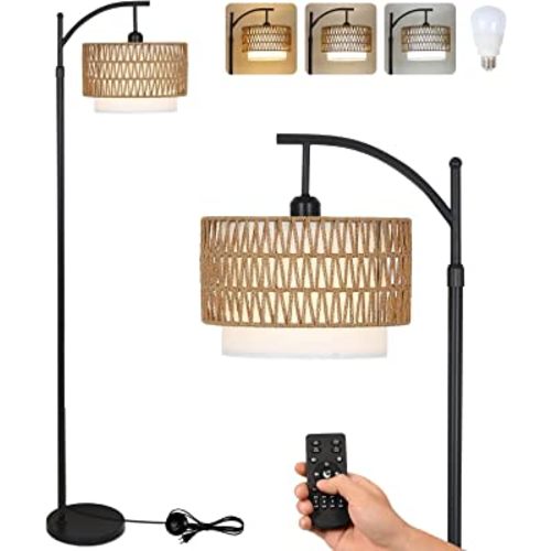Arc Floor Lamp for Living Room with 3 Color Temperatures, Farmhouse Floor Lamps with Remote & Dimmable Bulb, Boho Standing Lamp with Rattan & Fabric Shades, Adjustable Tall Lamp for Bedroom, Office