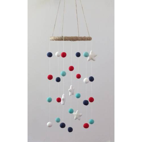 Red Blue Felt Ball & Star Nursery Mobile Decor- Navy, Turquoise, Red, White- Baby and Children's Ceiling Mobile Decor