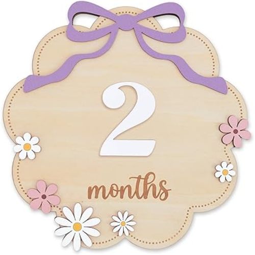 Wooden Baby Monthly Milestone Sign Set with Pink Bow, 1–12 Month Cloud Shape Photo Prop, Floral Baby Girl Growth Tracker Nursery Decor (Purple)