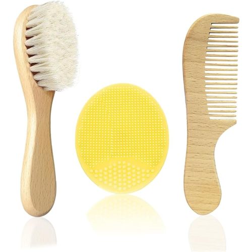 Baby Hair Brush with Wooden Handle and Comb Set for Newborns & Toddlers | Natural Soft Goat Bristles l Wood comb l Yellow Silicone Brush| Ideal for Cradle Cap (3PCS) - Yellow Silicone Brush (3PCS)
