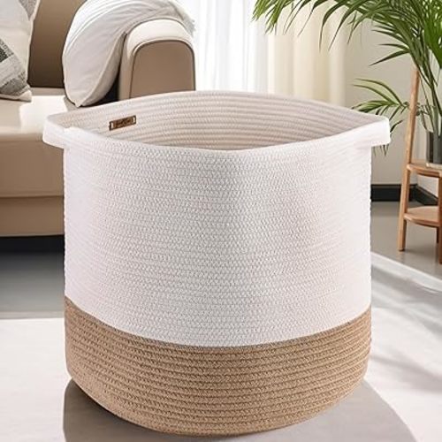 GooBloo Large Cotton Rope Woven Basket - 18" x 17” Tall Decorative Storage Basket for Living Room, Toys or Blankets - Wicker Blanket Basket with Handles, Blanket Baskets or Cute Baby Laundry Hamper