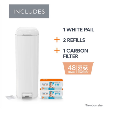 Diaper Genie Platinum Pail Gift Set, Lily White, Made of Durable Stainless Steel and Includes 2 Easy Roll Refills with 18 Bags and 30 Bags